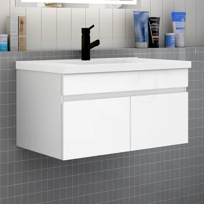 Produktbild von Badmöbel HUTI-Serie 80cm Hochglanz Weiß Mineralguss Waschtisch mit Unterschrank Hängeschrank Badezimmermöbel mit 2 Türen