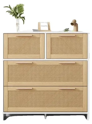 Immagine prodotto di Armadietto in rattan, modello a 4 cassetti, maniglie in legno massello, naturale+bianco