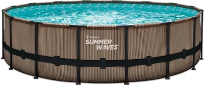 A round above-ground swimming pool with a teak-look exterior and blue water.
