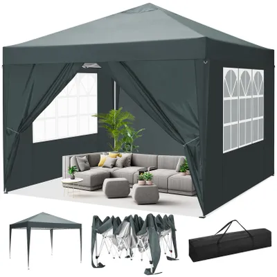 A collage of images showing a pop-up gazebo, its folded form, and a carrying bag, with a lifestyle shot of the gazebo set up with furniture inside.