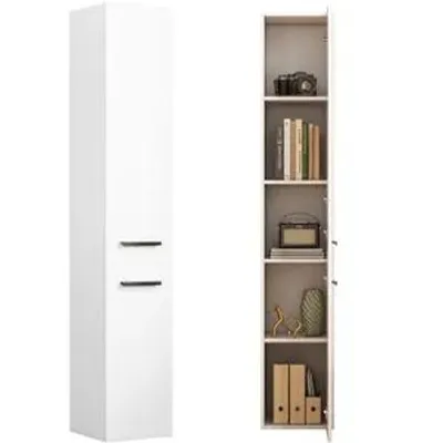 Image de Bibliothèque blanche moderne, sur pied, haute, de style mansardé, à montants, à deux portes, 174 cm