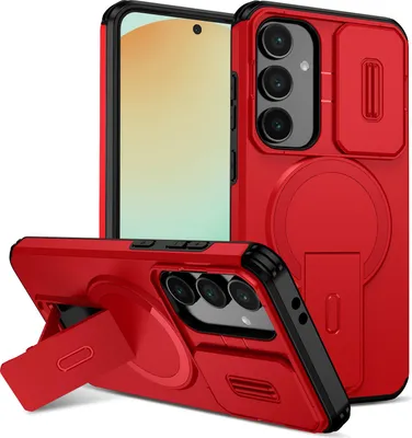 Obrázek produktu pro Magnetické pouzdro pro Samsung Galaxy S24 FE, dvouvrstvé odolné pouzdro s posuvnou ochranou fotoaparátu a nastavitelným stojánkem Červená