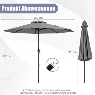 Zdjęcie produktu dla Parasol ogrodowy 250 cm z korbą, 8 żeber, szary