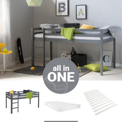 Produktbild von Homestyle4u Kinder Hochbett Lattenrost Matratze Leiter 90x200 cm Grau Massiv Etagenbett