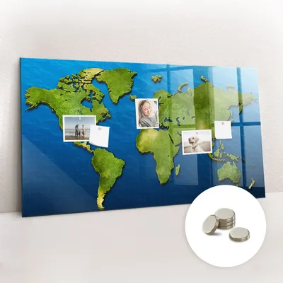 Obrázek produktu pro Magnetická Tabule na Zeď Skleněná - Memo Board Kleněnou Přední Stranou - 5 magnetů v balení - 120x60 cm - Mapa světa