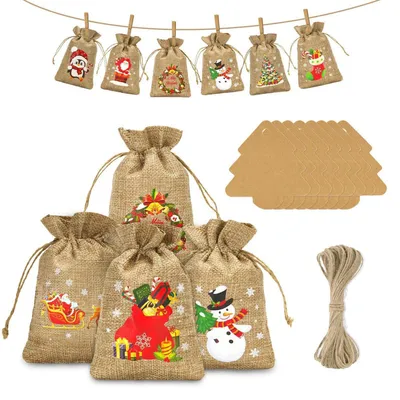Produktbild von Adventskalender Jutesäckchen zum Befüllen, 24 Stück, 13x18cm, mit Anhängern & Juteschnur