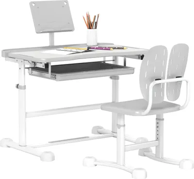 Image de AIYAPLAY Bureau enfant avec chaise, ensemble bureau et chaise pour enfants avec réglable en hauteur, plateau incliné 45°, tiroir et support de livre, pour enfants de 3 à 12 ans, gris