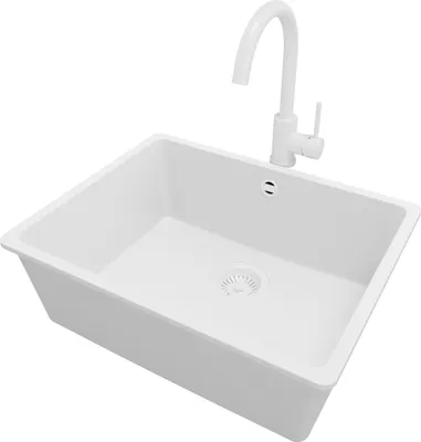 Produktbild von PRIMAGRAN Granitspüle Alles Weiß 56x44cm, Spülbecken 1 Becken + Küchenarmatur 32x20cm + Ablauf-Set, Küchenspüle ab 60er Unterschrank - Venedig Slim Easy