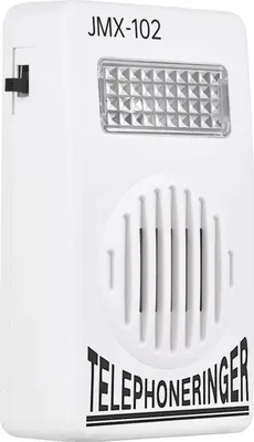 A white telephone ringer with a flashing light and speaker grille.