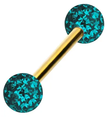 Produktbild von Zungenpiercing, Intim-Piercing Chirurgenstahl Barbell EPOXY-KUGELN Farbe: Gold + Kristall: Zirkonblau Stablänge: 16mm
