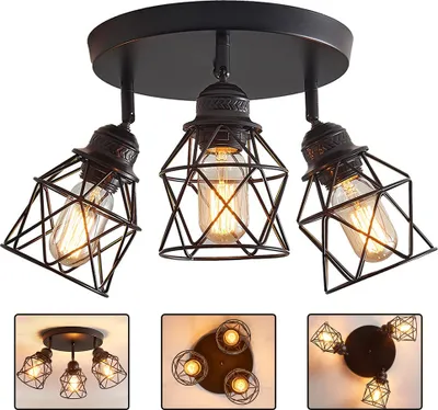 A black ceiling lamp with three adjustable spotlight heads, each with a geometric metal cage and an Edison-style bulb. The lamp is shown against a white background, with smaller inset images showing different angles and applications of the lamp.