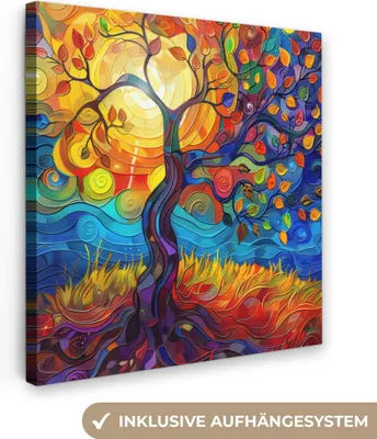 Obrázek produktu pro OneMillionCanvasses® - Obraz na plátně - Strom - Slunce - Malba - Barvy - Abstraktní, nástěnná malba, nástěnné dekorace obrázky do obývacího pokoje, 90x90cm