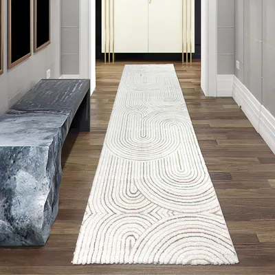Produktbild von Moderner Teppich mit Bogenmuster in Beige mit bunten Streifen Größe - 80 x 300 cm