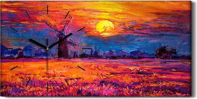 Produktbild von Wandbild Leinwand Bilder Wanduhr Quarz 60x30 Windmühle Sonne Himmel Blume - schwarze Hände