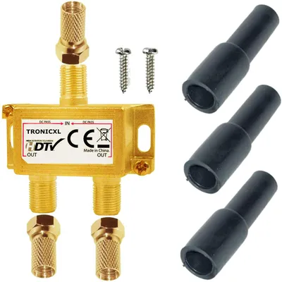 Immagine prodotto di Sdoppiatore satellitare a 2 vie + connettore F + tappo per le intemperie