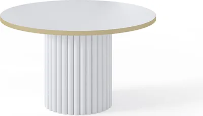 A white round table with a gold rim and a fluted white base is shown against a white background.
