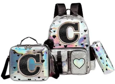 Productafbeelding van Schooltas voor meisjes, 3-delige set met lunchtas en etui, letter C, zilver, ergonomisch