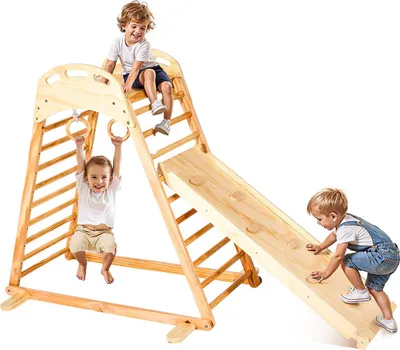 Immagine prodotto di Set da gioco per interni con struttura per arrampicata - Giocattolo Montessori 4 in 1 per bambini - Resistente fino a 100 kg - Con scivolo - Parete da arrampicata - Scala di legno e anelli da ginnastica - Legno naturale