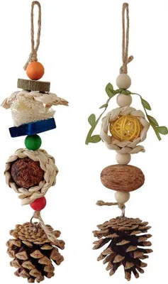 Produktbild von 2 Pack Papageienspielzeug Kauvogelspielzeug Natürlicher Tannenzapfen Walnuss Hölzerner Vogelkäfig Hängespielzeug