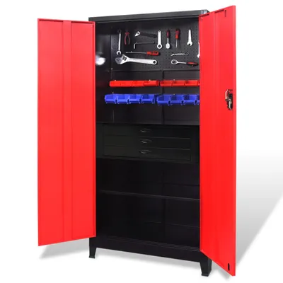 Produktbild von Cloris Designermöbel Werkzeugschrank mit Werkzeugtruhe Stahl 90x40x180cm Rot Schwarz 2024 Neu