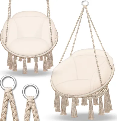 Produktbild von tillvex Hängesessel Beige mit großem Kissen 200kg zum Aufhängen | Hängestuhl Indoor & Outdoor | Hängekorb wetterfest | Schaukelkorb