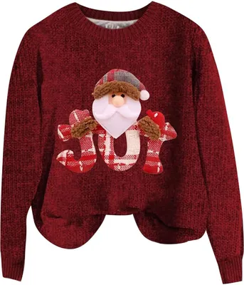 Produktbild von ASKSA Damen Lustige Weihnachtspullover Strickpullover Winter Rundhals Pulli Christmas Sweater Langarm Oberteile Warm Weihnachtspulli,F-Rot,4XL