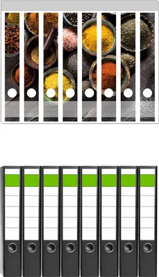 Produktbild von Wallario 8 Stück schmale Ordner inkl. Klebeetiketten mit Motive Bunte getrocknete Gewürze -  Set mit Rückenschildern / Ordnerrücken Stickern