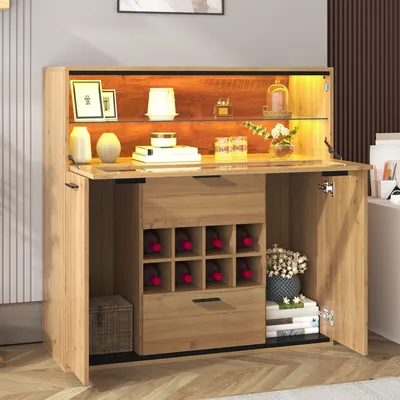 Image de AIORBER Commodes, avec casier à vin, portes battantes, avec éclairage LED, étagères en verre, armoires à vin, pour cuisine, salon, 110x38x111cm, naturel