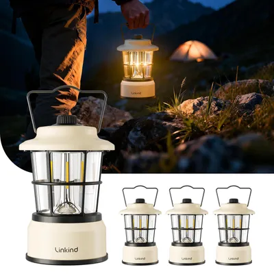 Zdjęcie produktu dla Linkind, lampa kempingowa LED, z regulacją jasności, dwukolorowa, zasilana bateriami, idealna na kemping