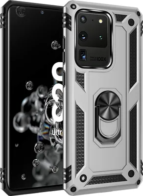 Produktbild von LaimTop Galaxy S20 Ultra Hülle, Hybrid Robuste Rüstung Drehbarer Ring Halter Ständer Dual Layer Hard PC + TPU Stoßfest Schutzhülle für Samsung Galaxy S20 Ultra Silber