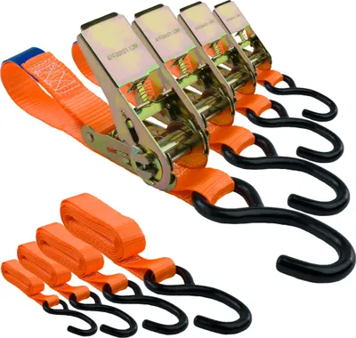 Produktbild von Spanngurte mit Ratsche und Haken 4er Set | 25mm breit | 3m lang | bis 700kg | Zurrgurte für Ladungssicherung | Spanngurte Haken | Gurtband | Spanngurte 3m