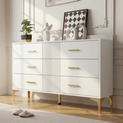 Image de Mearx Buffet 6 tiroirs, commode à façade ondulée et pieds métalliques, buffet, commode avec tiroirs, H76/B120/T40 cm, blanc