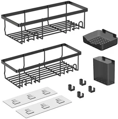 Produktbild von Unyqoos® Badezimmer-Organizer-Set, schwarz – ohne Bohren, 4 Ablagen (2 Duschablagen), Seifen- & Zahnbürstenhalter