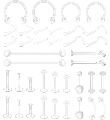 Produktbild von Körperpiercing Set 38 Stück Kunststoff Acryl Klar für Nase Lippe Augenbraue Bauchnabel Zunge Tragus Helix Ohrstecker