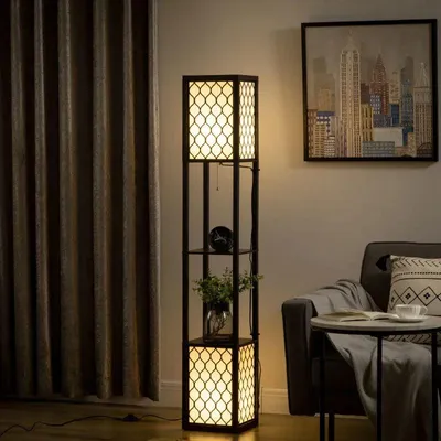 Obrázek produktu pro Stojací lampa se dvěma policemi a látkovým stínidlem | Barva: černá a bílá | Rozměry: 26 x 26 x 156 cm