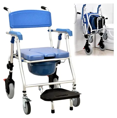 Produktbild von Toilettenstuhl mit Rollen für Senioren bis 150 kg, faltbar, Nachtstuhl mit Armlehne, fahrbarer Toilettenstuhl, Duschstuhl mit Rädern, WC-Stuhl mit herausnehmbarem Eimer
