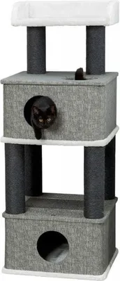 A multi-level cat tree with scratching posts and cubbies, featuring a black cat peeking out of one of the cubbies.