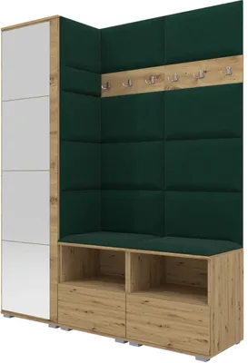 A corner entryway furniture set with a tall cabinet, a bench with storage, and a padded wall with coat hooks.