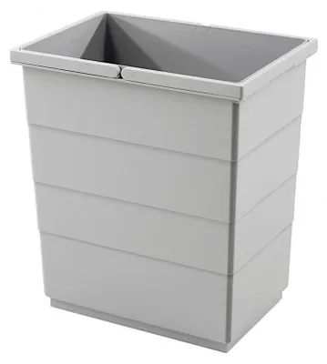 A light gray trash can with horizontal ridges on its exterior.