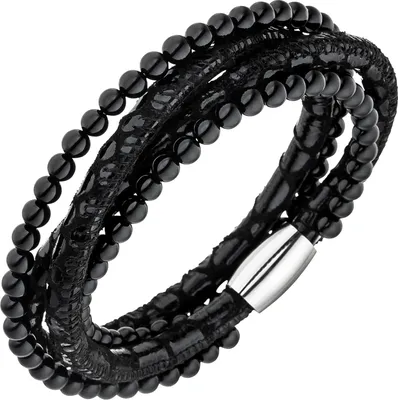 Produktbild von JOBO Armband Leder schwarz mit Onyx Kugeln und Edelstahl 19 cm Lederarmband