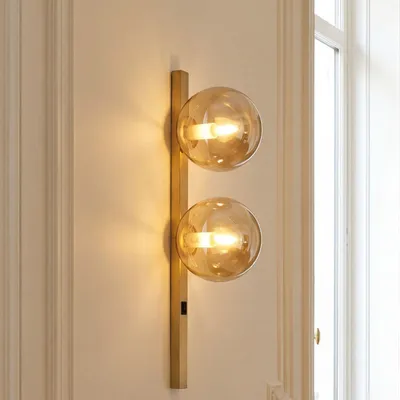 Produktbild von Wandleuchte mit Schalter 60 cm hoch Kugelschirm Rauchglas Metall in Bernstein Gold 2-flammig E14 Wandleuchte
