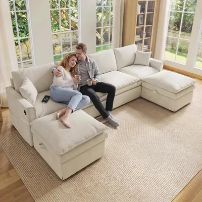 Imagen del producto de Sofá de esquina en forma de U, sofá modular de 6 plazas con 2 otomanas, espacio de almacenamiento y puertos USB, dimensiones: 277x135x80 cm, color beige