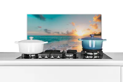 Produktbild von KitchenYeah® Spritzschutz Küche - Küchenrückwand - Wandschutz für Herd und Spüle - Sonnenuntergang - Strand - Meer - Sommer - Blau 60x30 - Alu-Dibond (Alternative zum Spritzschutz aus Glas) - Hitzebe