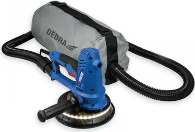 A blue and gray drywall sander with a dust bag and hose, shown against a white background.