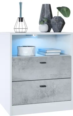 Produktbild von Vladon Kommode Pino V1,  Germany, Nachttisch mit 2 Schubladen & 1 offenem Fach, Weiß matt/Beton Oxid Optik mit LED RGB (56 x 67,5 x 36 cm)