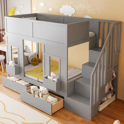 Immagine prodotto di Letto a castello MODFU per bambini 90x200 con scaletta con vano portaoggetti e 2 finestre, letto matrimoniale con cassetti e contenitori, letto funzionale, struttura con sponde di sicurezza, senza materasso, grigio