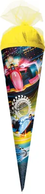 Produktbild von Geschenk-Schultüte klein Speed 22 cm - rund Tüllverschluss - Zuckertüte Schulanfang Formel 1