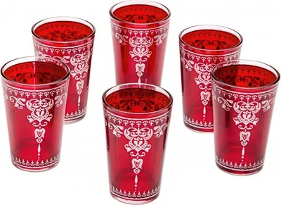 Produktbild von Orientalische verzierte Teegläser Set 6 Gläser Andalous Rot silber | Marokkanische Tee Gläser Set 6 teilig Deko orientalisch | 6 x Orientalisches Marokkanisches Teeglas verziert | Farben auswählen