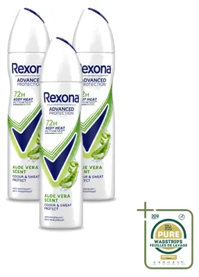 Imagen del producto de 3 aerosoles desodorantes Rexona, aroma a aloe vera, 150 ml, pack ahorro, 3 unidades