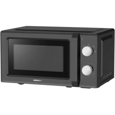 A black MEDION microwave is shown from a side-angle against a light gray background.